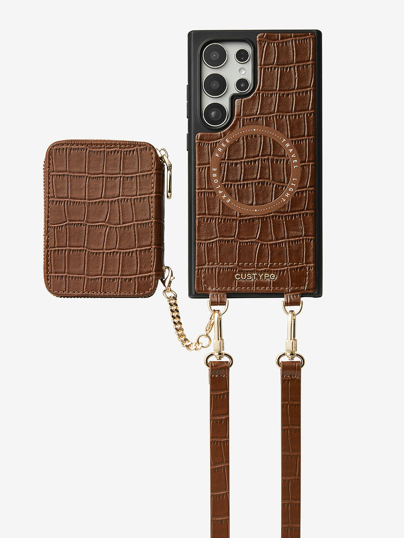 Crocodile Craft Set- Samsung Galaxy Strap Magsafe Compatible Phone Wallet Case with Circle Pouch-Mobile Phone Cases-DETACHABLE WALLET & ROUND POUCH-Green-Samsung S25 Ultra-Custype