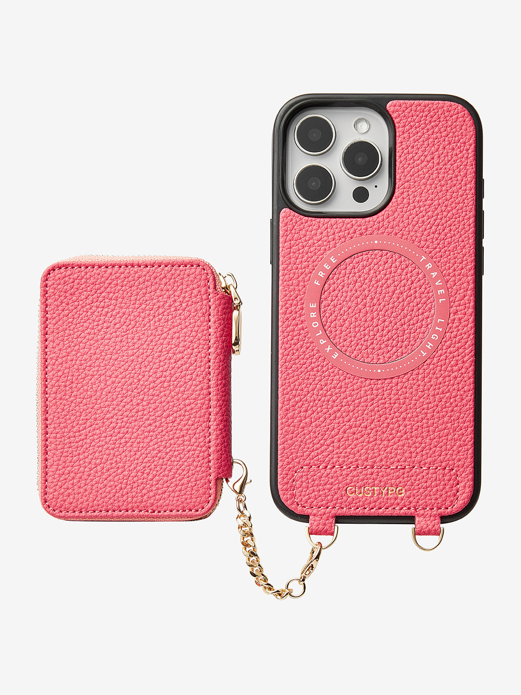 Unique Design Set- Wireless Charging Webbing Crossbody Phone Case Round Pouch Set-Mobile Phone Cases-DETACHABLE WALLET & ROUND POUCH-Peach Pink-iPhone 16 Pro Max-Custype