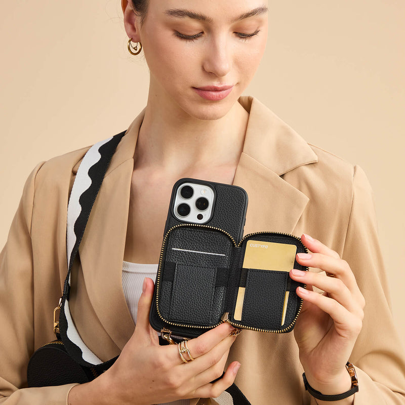 Unique Design Set- Bicolor Webbing Wireless Charging Crossbody Phone Case Round Pouch Set-Custype