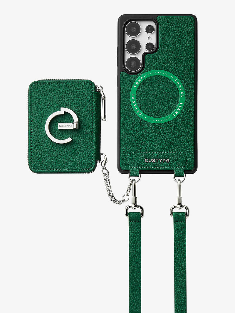 Silver Edge Kit- Samsung Galaxy Magnetic Wallet Phone Case with Neck Strap & Grip-Mobile Phone Cases-DETACHABLE WALLET & PHONE POUCH-Green-Samsung S25 Ultra-Custype