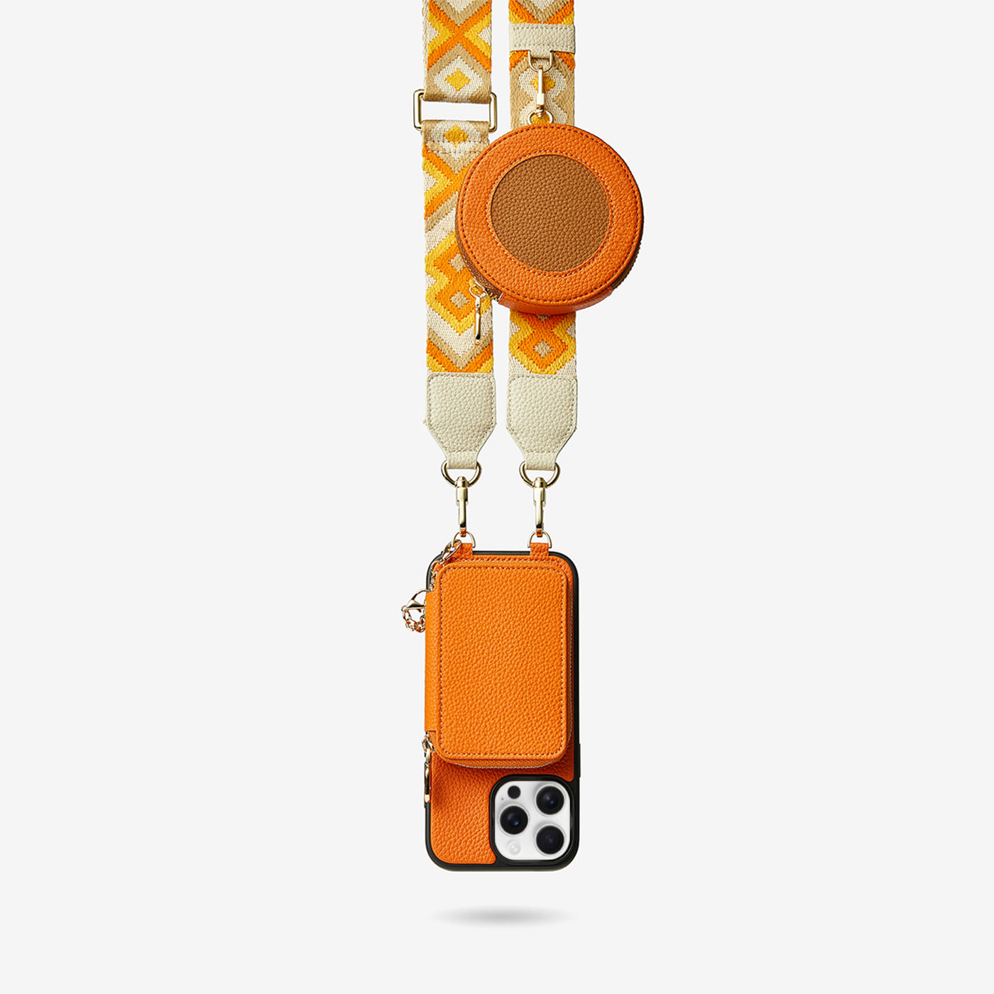 Unique Design Set- Wireless Charging Webbing Crossbody Phone Case Round Pouch Set-Mobile Phone Cases-DETACHABLE WALLET & ROUND POUCH-Orange-iPhone 16 Pro Max-Custype