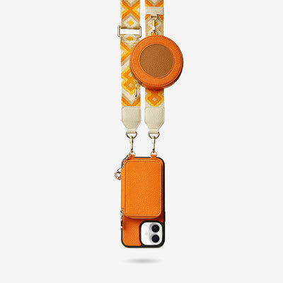 Unique Design Set- Wireless Charging Webbing Crossbody Phone Case Round Pouch Set-Mobile Phone Cases-DETACHABLE WALLET & ROUND POUCH-Orange-iPhone 16 Plus-Custype