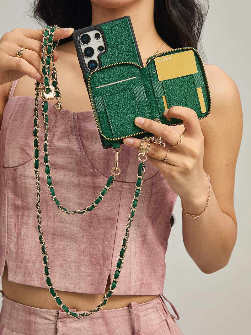 Allure Chain Series- Samsung Strap Wireless Charging Phone Case with Detachable Purse & Grip-Mobile Phone Cases-DETACHABLE WALLET & WIRELESS CHARGING-Beige-Samsung S25 Ultra-Custype