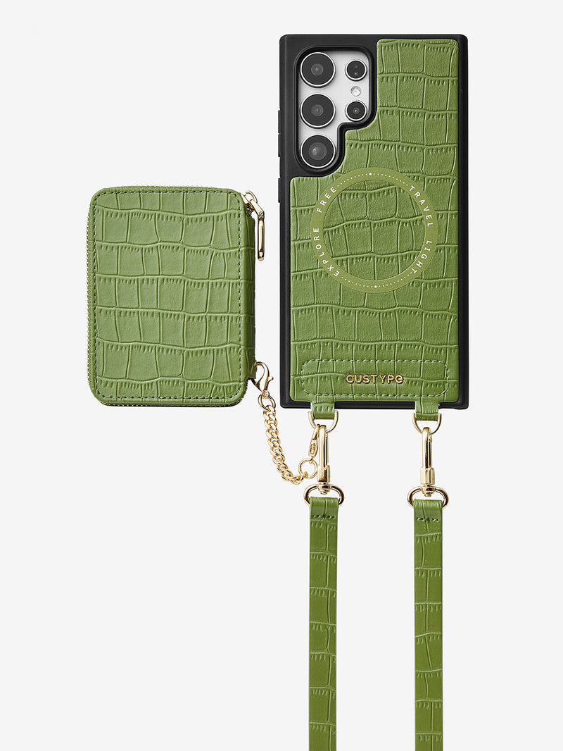 Crocodile Craft Set- Samsung Galaxy Strap Magsafe Compatible Phone Wallet Case with Circle Pouch-Mobile Phone Cases-DETACHABLE WALLET & ROUND POUCH-Green-Samsung S25 Ultra-Custype