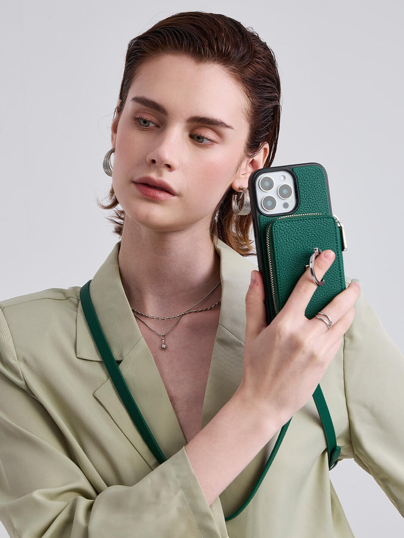 Silver Edge Kit- Versatile Magnetic E-stand Card Holder Case for iPhone with Round Pouch & Shoulder Strap-Mobile Phone Cases-DETACHABLE WALLET & ROUND POUCH-Green-iPhone 16 Pro Max-Custype