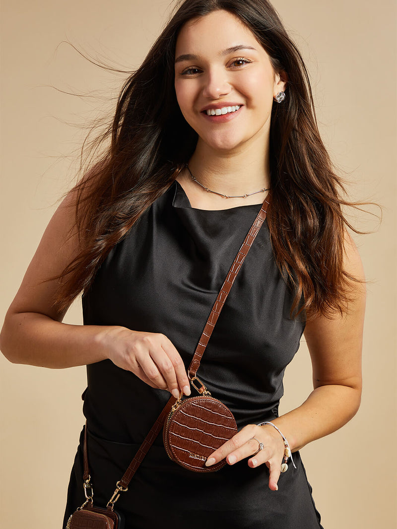 Crocodile Design Set- Detachable Wireless Charging Crossbody E-Stand Wallet Phone Case Round Pouch Set-Mobile Phone Cases-DETACHABLE WALLET & ROUND POUCH-Brown-iPhone 16 Pro Max-Custype