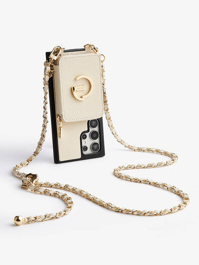 Allure Chain Series- Samsung Strap Wireless Charging Phone Case with Detachable Purse & Grip-Mobile Phone Cases-DETACHABLE WALLET & WIRELESS CHARGING-Beige-Samsung S25 Ultra-Custype