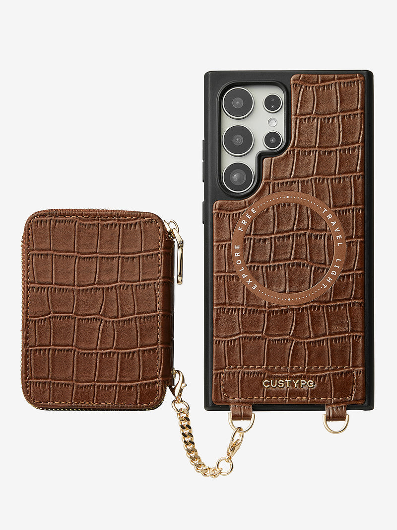 Silk Flair Set- Samsung Crocodile Removeable Wallet Phone Case with Wrist Strap-Mobile Phone Cases-WRISTBAND & PHONE POUCH-Brown-Samsung S25 Ultra-Custype