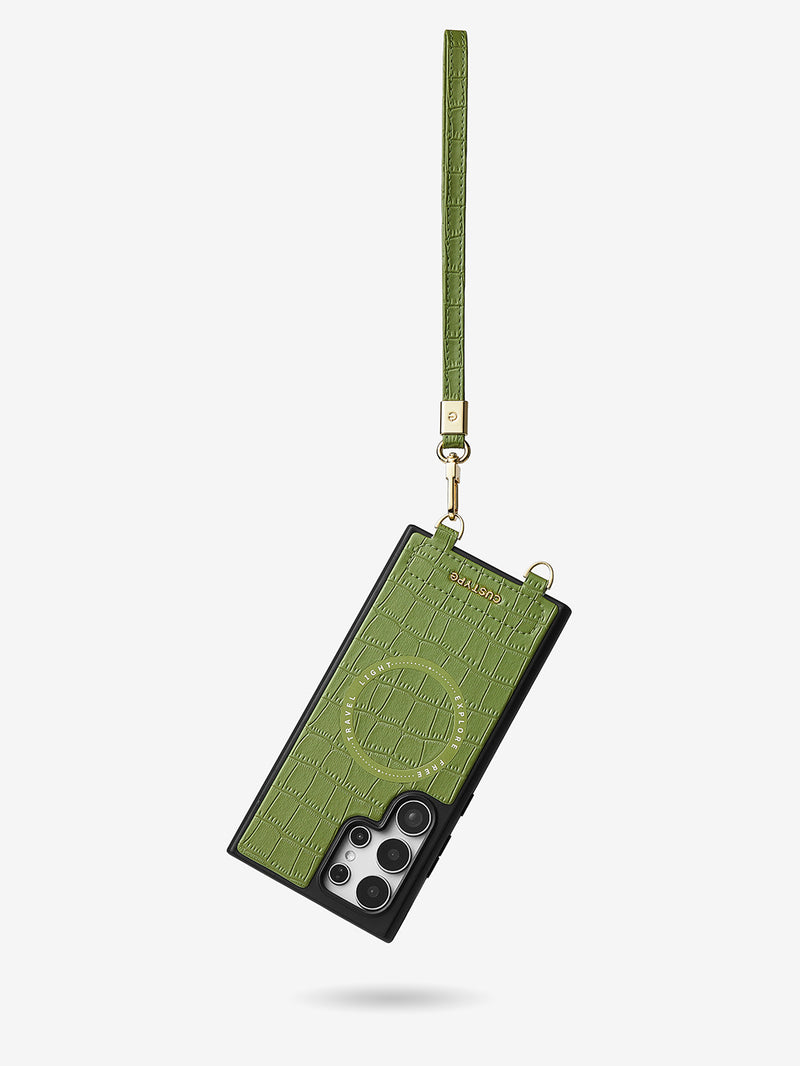 Crocodile Design Set- Samsung Galaxy Magnetic Grip Wallet Phone Case with Carrying Strap-Mobile Phone Cases-DETACHABLE WALLET & WIRELESS CHARGING-Black-Samsung S25 Ultra-Custype