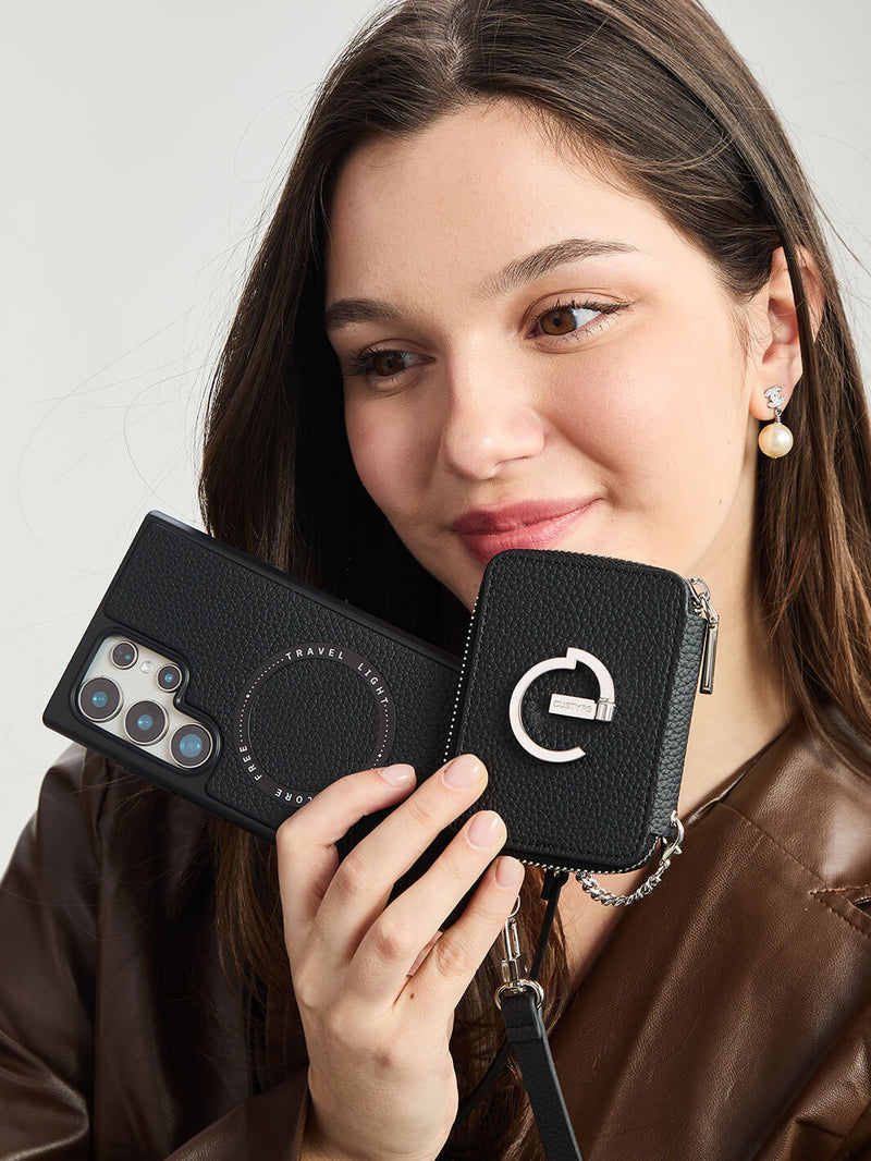 Silver Edge Kit- Samsung Galaxy Strap Magnetic Wallet Phone Case with Round Purse & Kickstand-Mobile Phone Cases-DETACHABLE WALLET & ROUND POUCH-Black-Samsung S25 Ultra-Custype