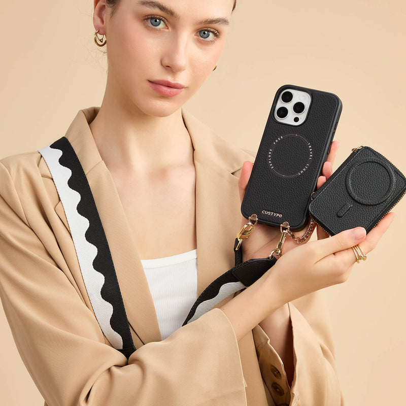 Unique Design Set- Bicolor Webbing Wireless Charging Crossbody Phone Case Round Pouch Set-Custype
