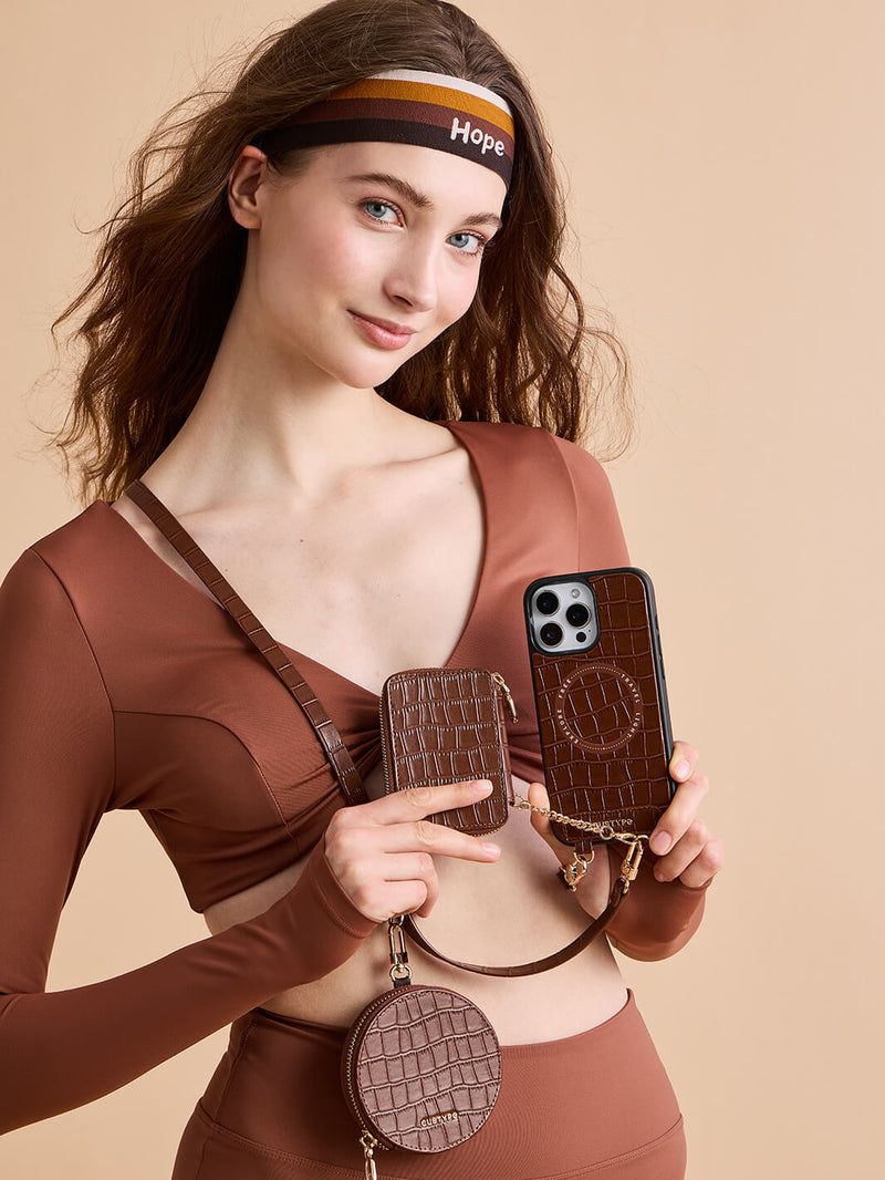 Crocodile Craft Set- Detachable Wireless Charging Crossbody Wallet Phone Case Round Pouch Set-Mobile Phone Cases-DETACHABLE WALLET & ROUND POUCH-Green-iPhone 16 Pro Max-Custype