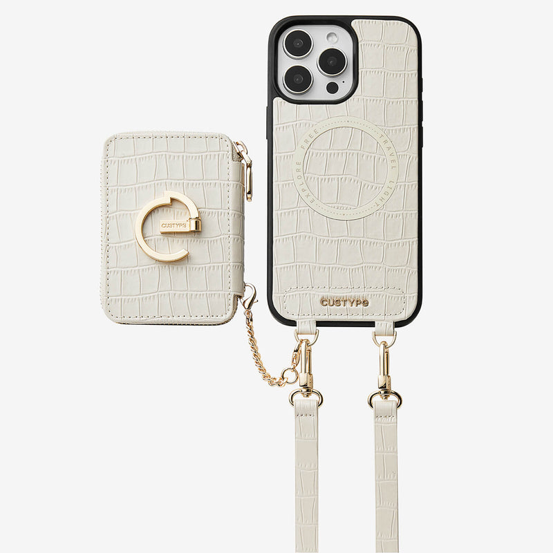 Crocodile Design Set- Detachable Wireless Charging Crossbody E-stand Wallet Phone Case Set-Mobile Phone Cases-DETACHABLE WALLET & WIRELESS CHARGING-White-iPhone 16 Pro Max-Custype