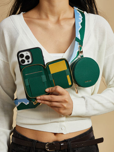 Unique Design Set- Wireless Charging Crossbody iPhone Case with Webbing Lanyard Strap and Round Pouch Set