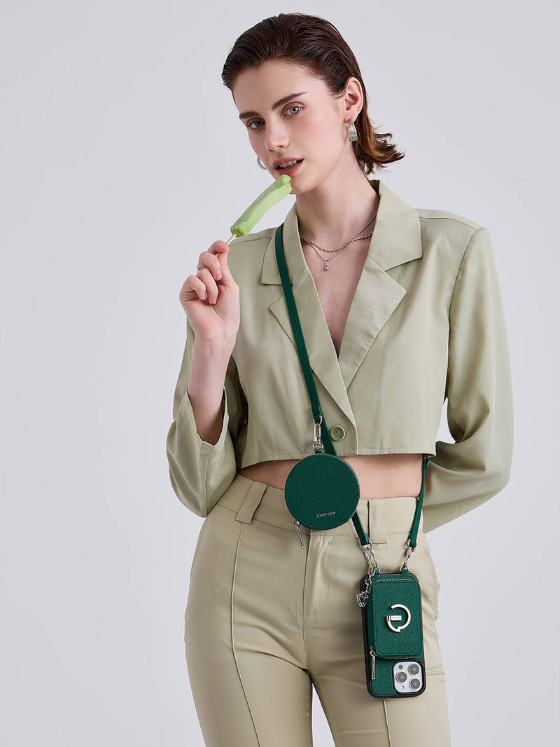 Silver Edge Kit- Versatile Magnetic E-stand Card Holder Case for iPhone with Round Pouch & Shoulder Strap-Mobile Phone Cases-DETACHABLE WALLET & ROUND POUCH-Green-iPhone 16 Pro Max-Custype