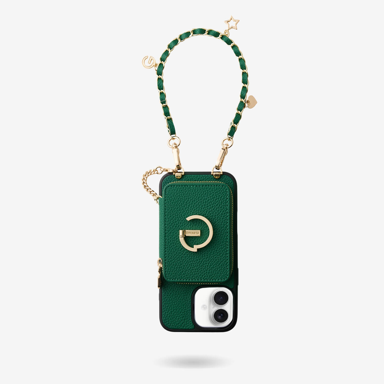 Green iPhone 16 Plus phone case with wristlet
