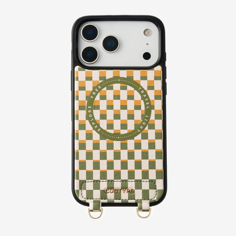 Phone case with green and white checkered pattern