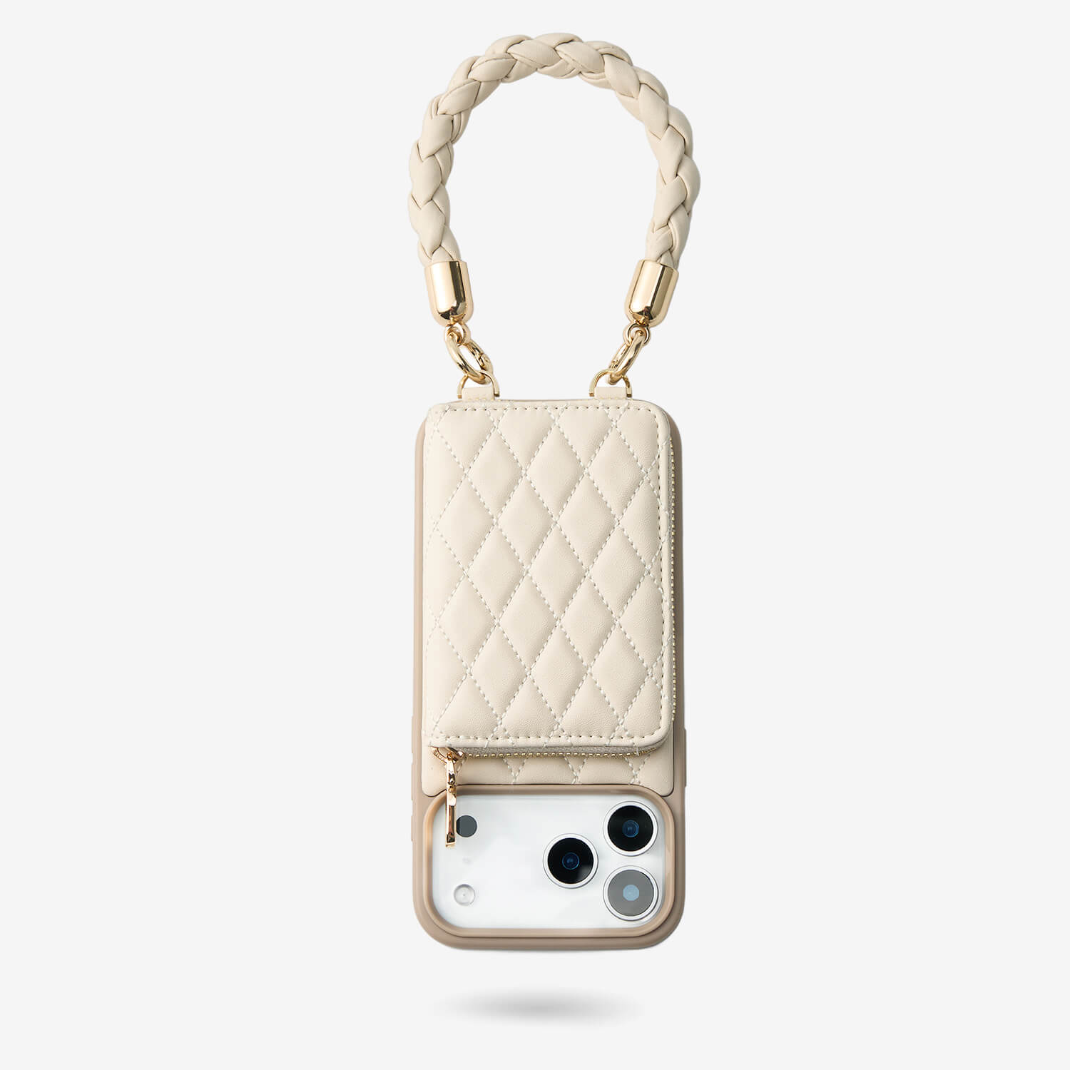 BraidTrend- Beige Wallet Phone Case with Detachable Rope Style Wrist Strap for iPhone Series-Mobile Phone Cases-WRISTBAND & PHONE POUCH