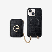 Crocodile Design Set- Detachable Wireless Charging E-stand Wallet Phone Case-Mobile Phone Cases-DETACHABLE WALLET & WIRELESS CHARGING-Black-iPhone 15 Plus-Custype