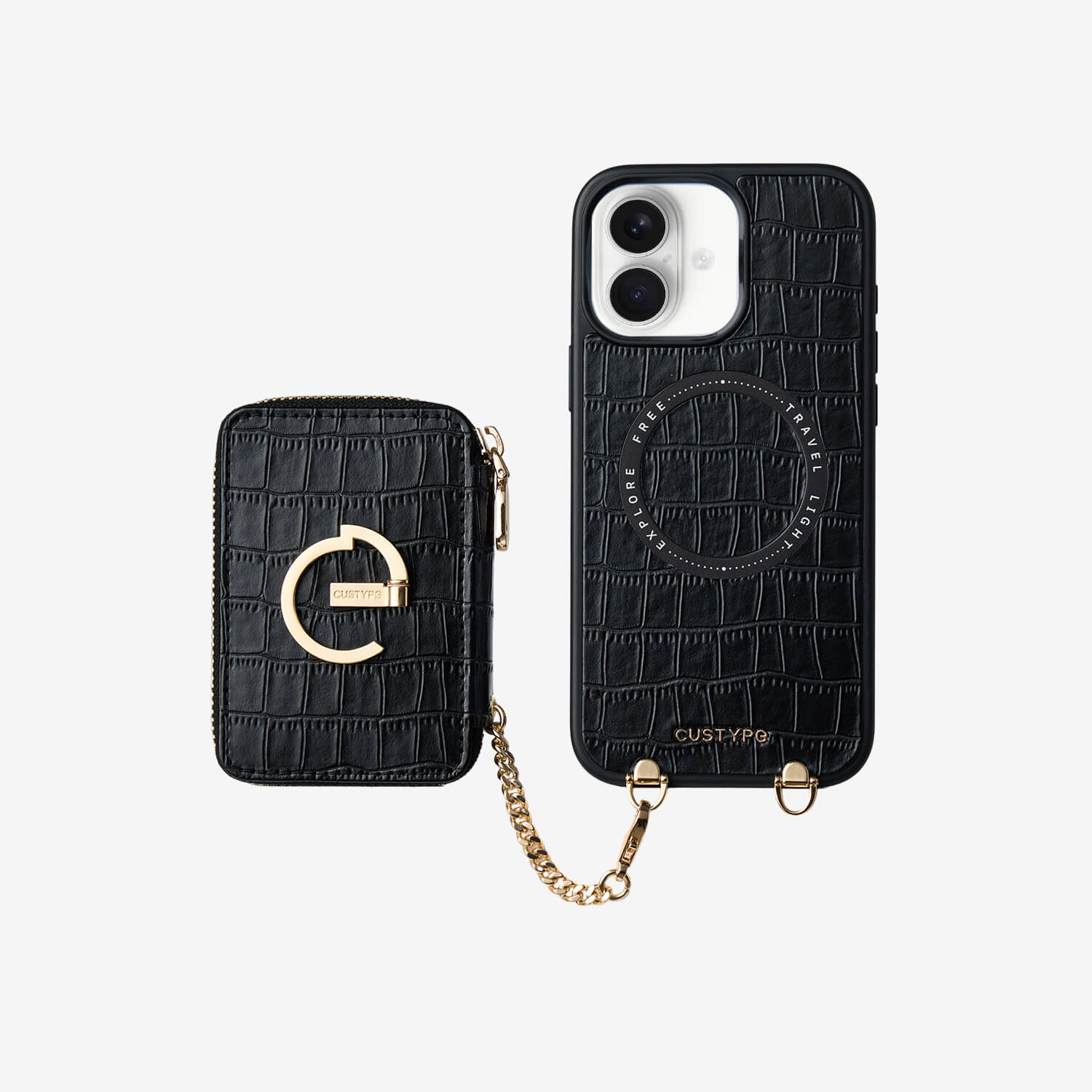 Crocodile Design Set- Detachable Wireless Charging E-stand Wallet Phone Case-Mobile Phone Cases-DETACHABLE WALLET & WIRELESS CHARGING-Black-iPhone 16 Plus-Custype