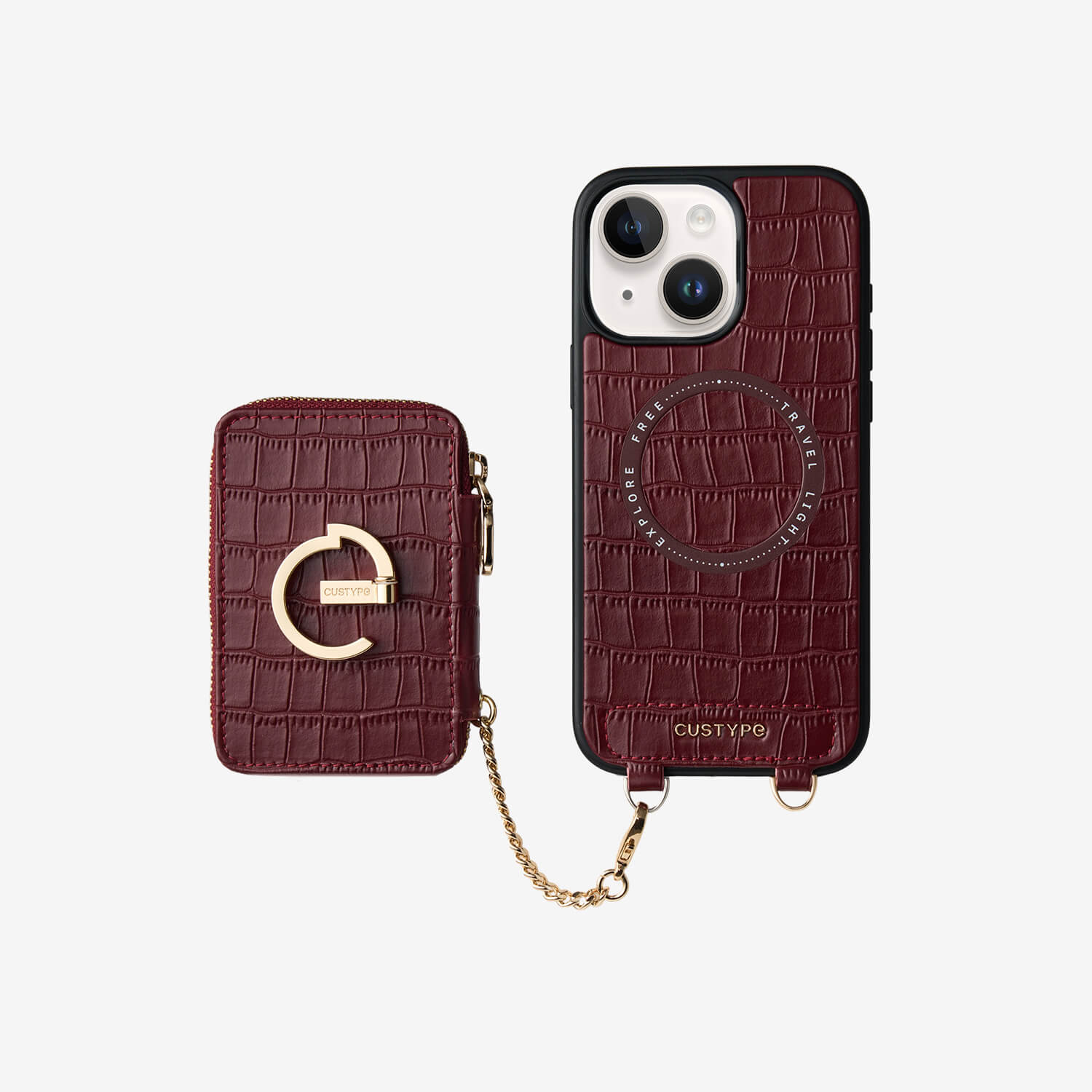 クロコダイルデザインセット - 取り外し可能なワイヤレス充電Eスタンドウォレットフォンケース - iPhone 15