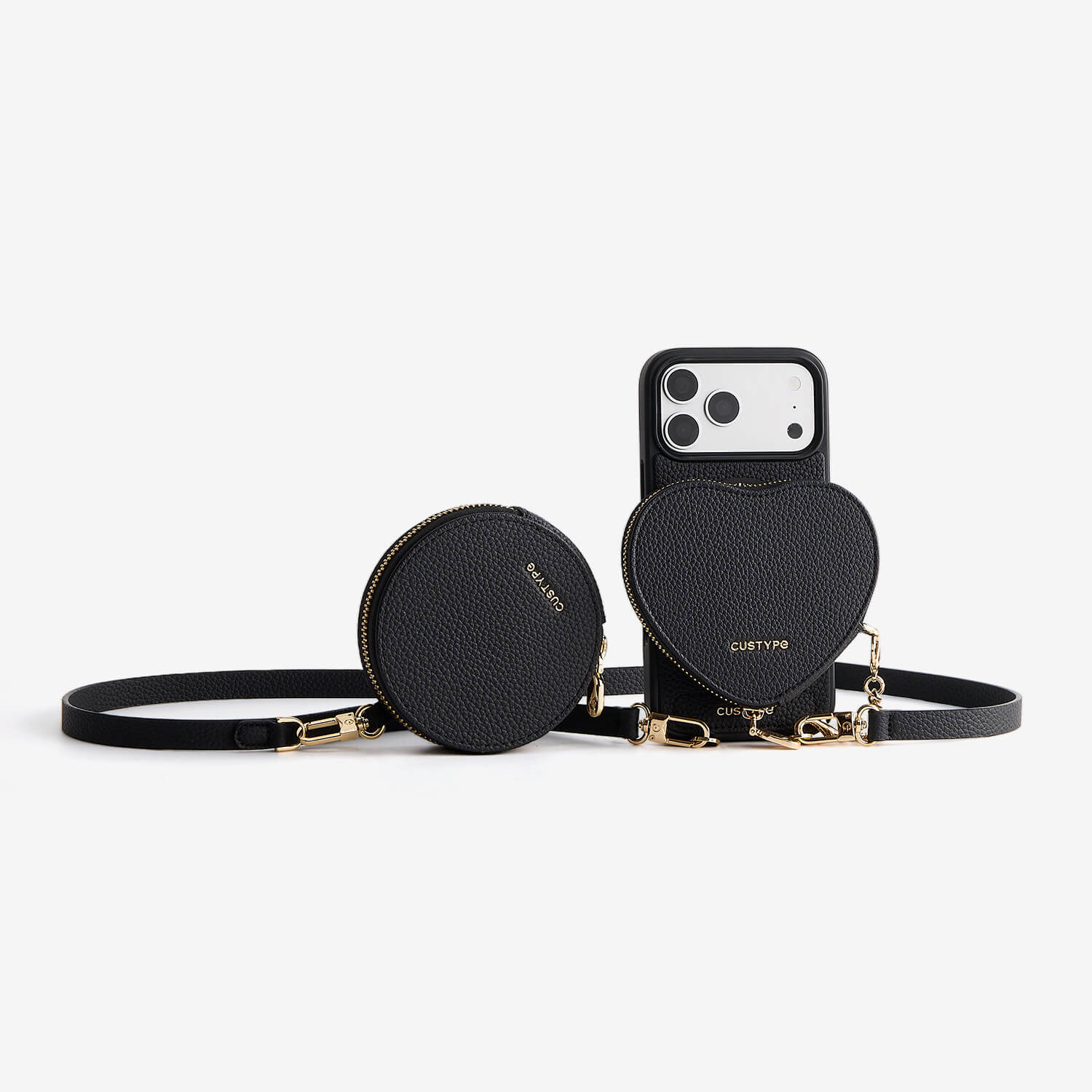 CUSTYPG ブラック iPhone15ケース ハート型ポーチ付き iPhone 15用Magsafeケース（ハート型ポーチ＆クロスボディストラップ