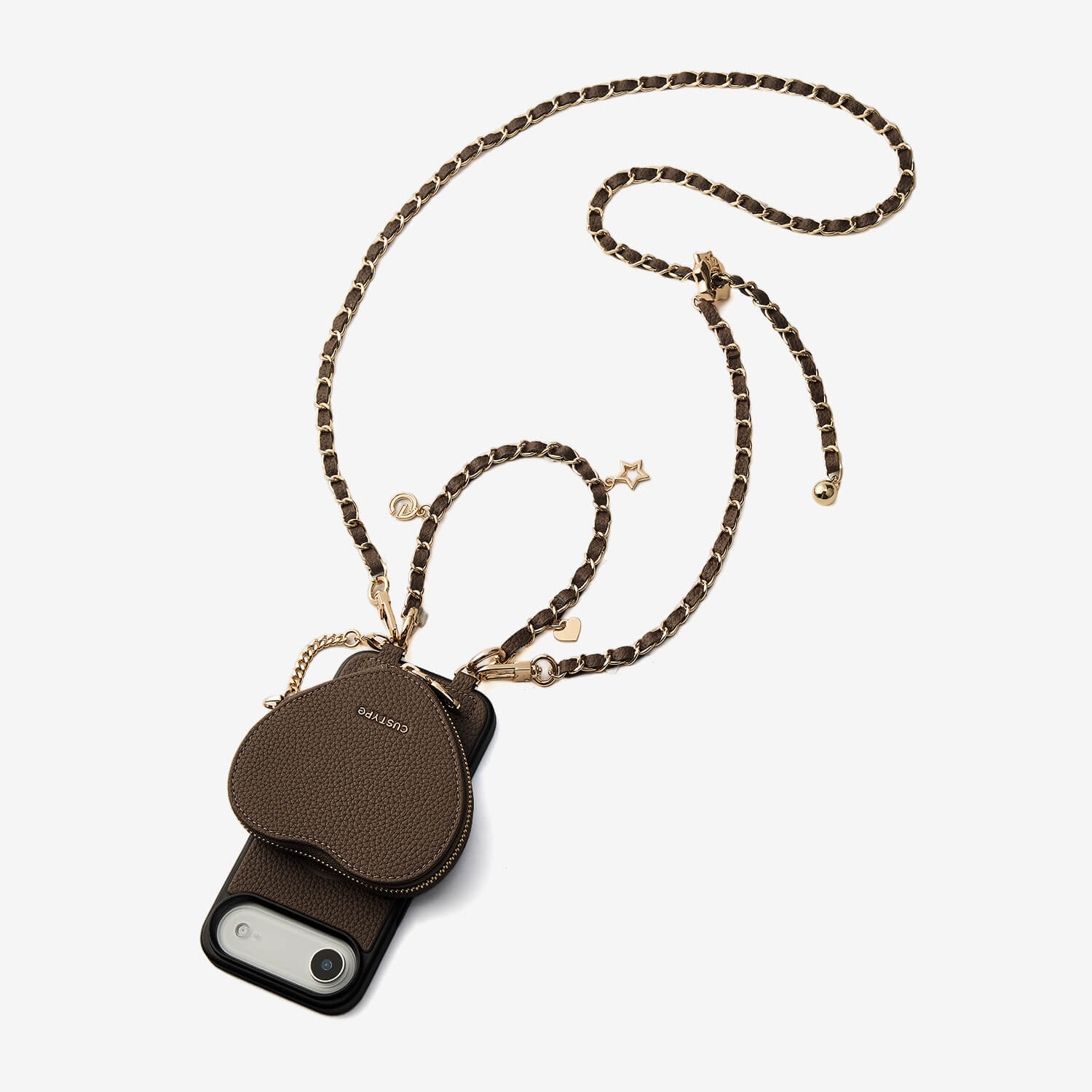 taupe crossbody phone case with heart pouch