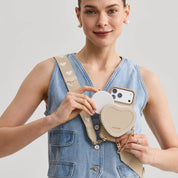 Beige iPhone 17 Pro wallet phone case with Magnetic Heart pouchfor dog walking