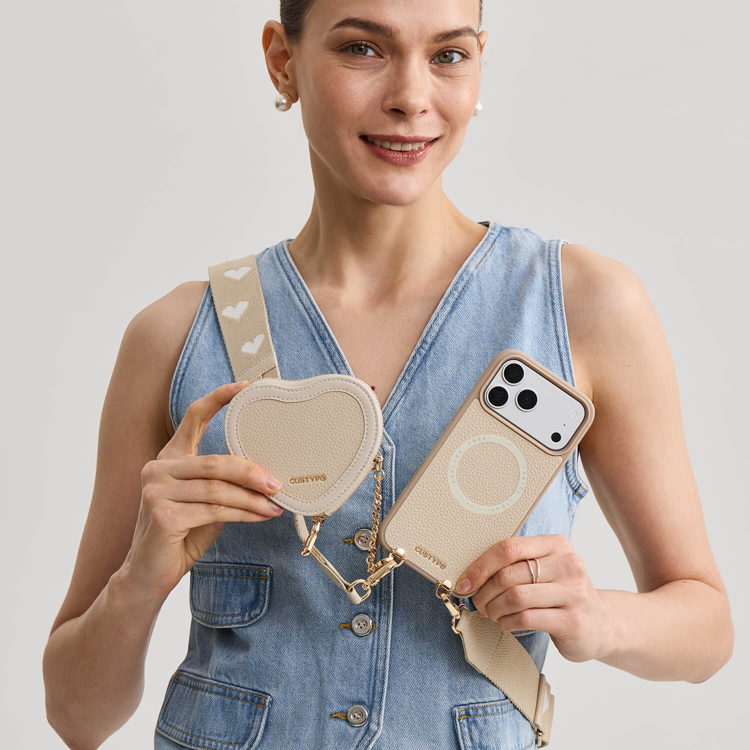 Beige iPhone 17 Pro wallet phone case with Magnetic Heart pouch for walking