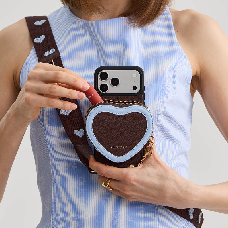 Mocha iPhone 17 Pro wallet phone case with Magnetic Heart pouch for daily carry