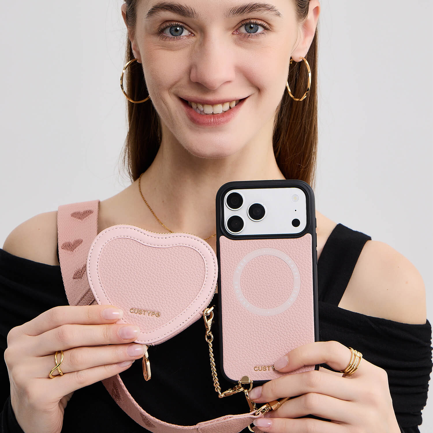 CUSTYPE ハート型マグネットポーチ付き iPhone15plus ケース iPhone 15 Plus用レザーバイカラーハートケース – シックで完璧に