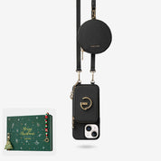 Black phone case with crossbody strap and green Christmas box