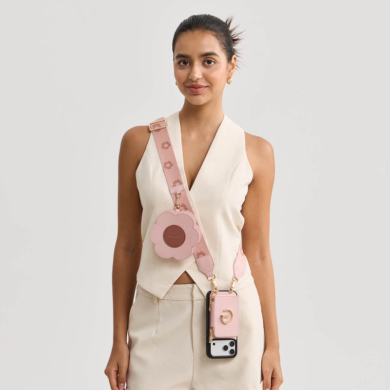Light pink iPhone 17 Pro Max crossbody iPhone case with wallet with hands-free carry for travel


