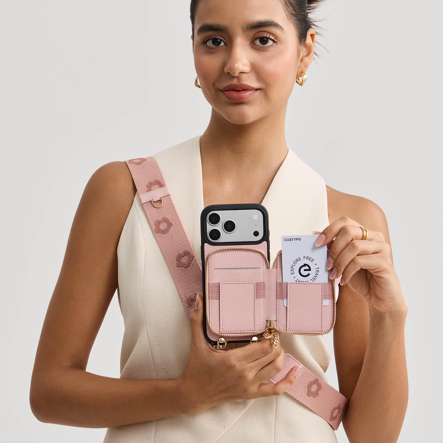 Light pink stylish
iPhone 17 Pro Max crossbody phone case with card holder with RFID blocking for everyday use

