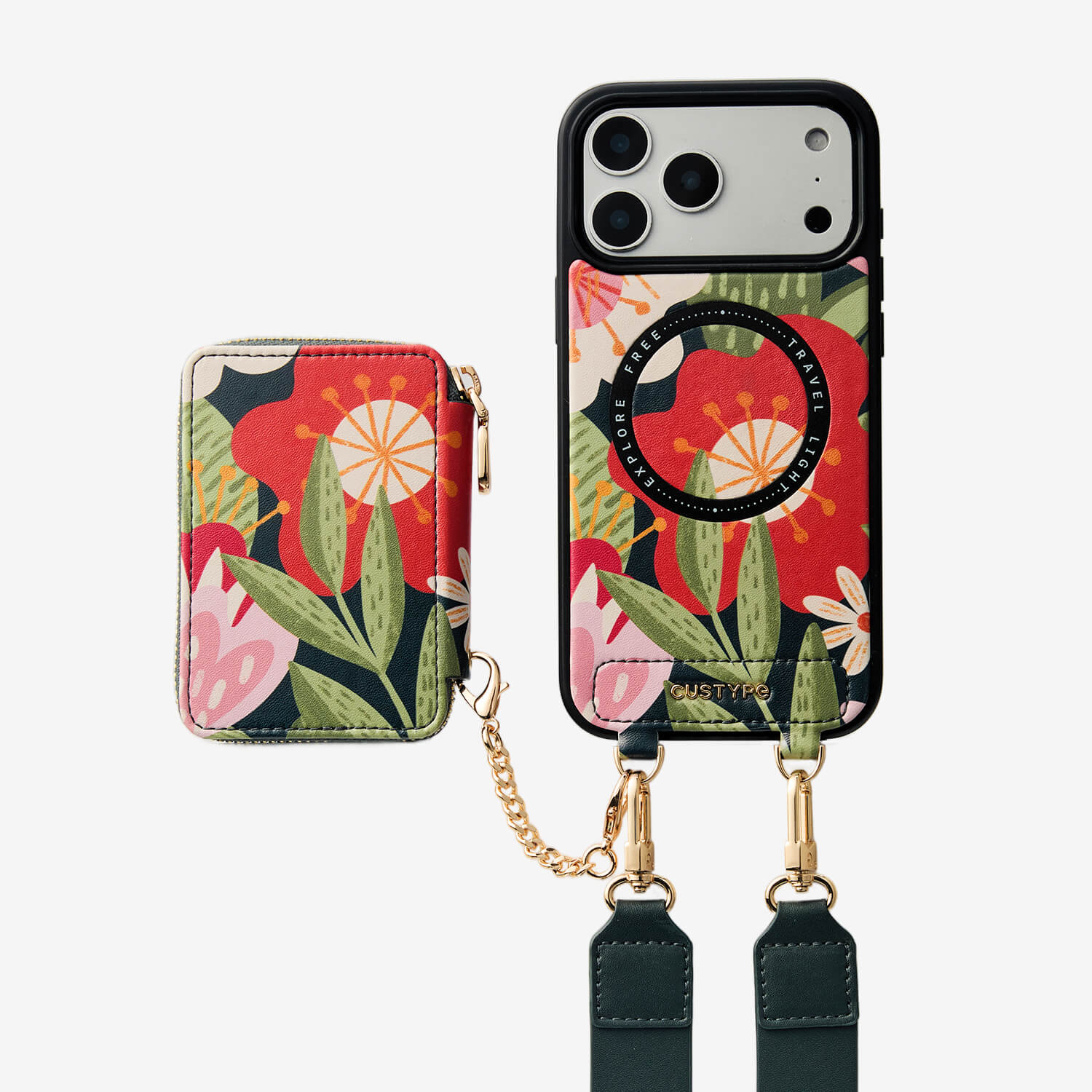 Nature Theme Print Phone Case with Card Holder & Crossbody Strap