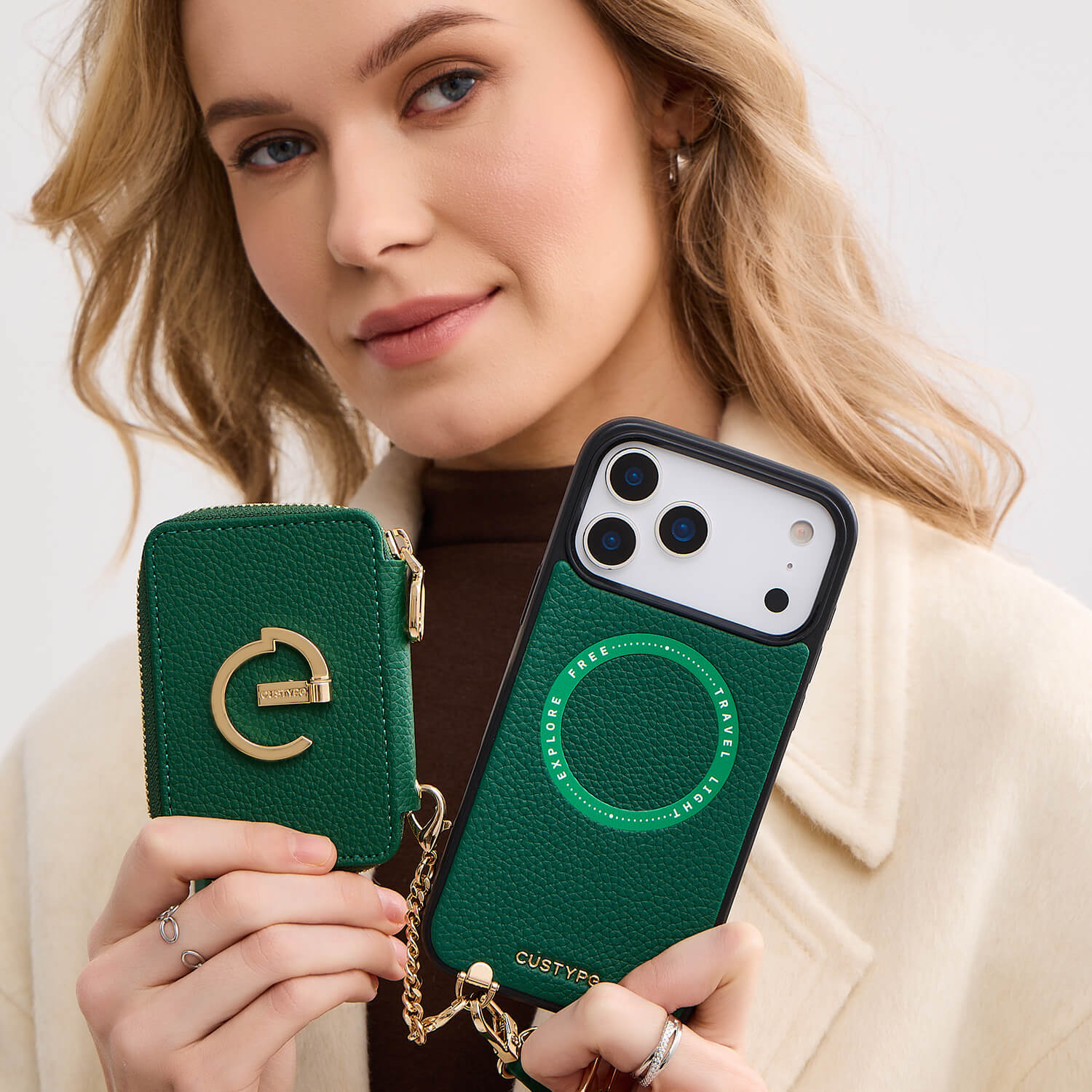 オリジナルデザインセット - 取り外し可能なワイヤレス充電クロスボディウォレット電話ケースラウンドポーチセット