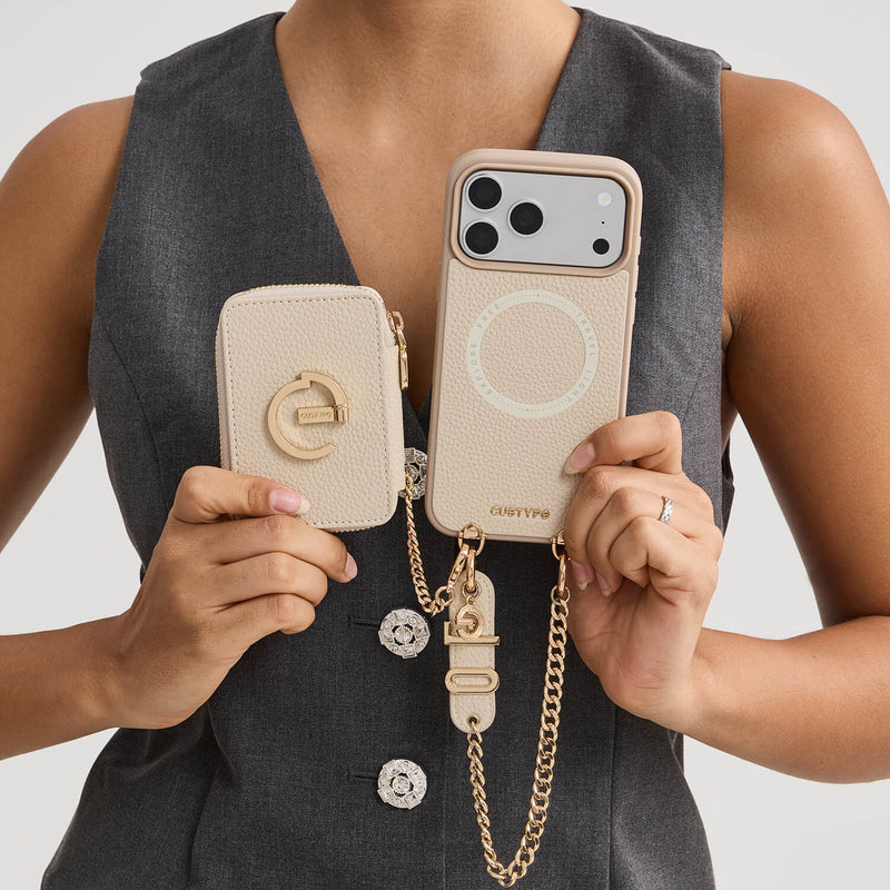 Beige iPhone 17 Pro Max phone case with detachable wallet with wrist strap
for vacation
