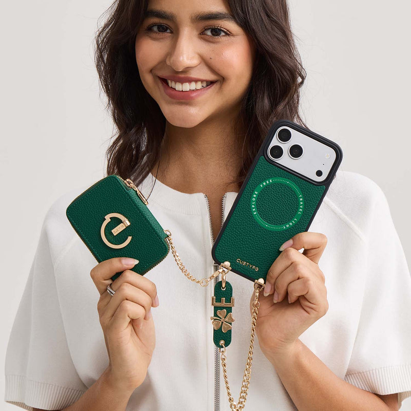 Green iPhone 17 Pro Max wallet phone case with wristlet for everyday use




