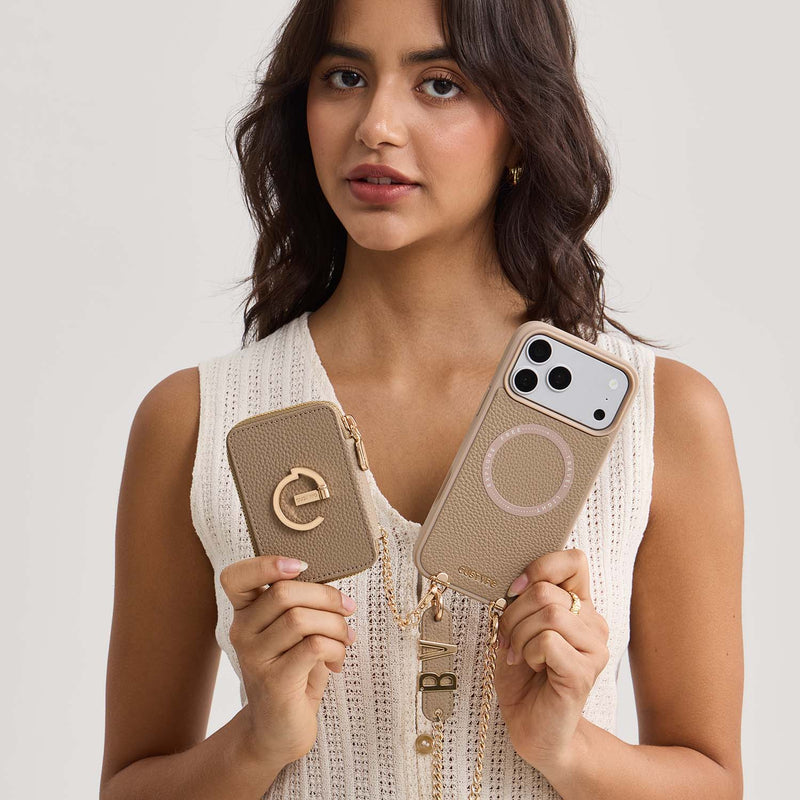 Taupe iPhone 17 Pro Max crossbody phone case with card holder
for everyday use