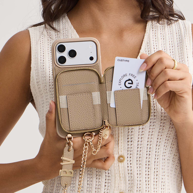 Taupe iPhone 17 Pro Max phone case with card holder for shopping


