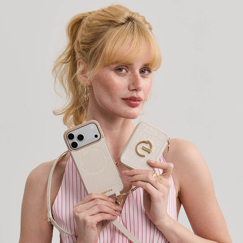 Crocodile Design Set- Detachable Wireless Charging Crossbody E-Stand Wallet Phone Case Round Pouch Set-Mobile Phone Cases-Custype