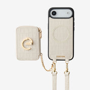 Beige iPhone 17 Air phone case with magnetic wallet and safety chain for moms