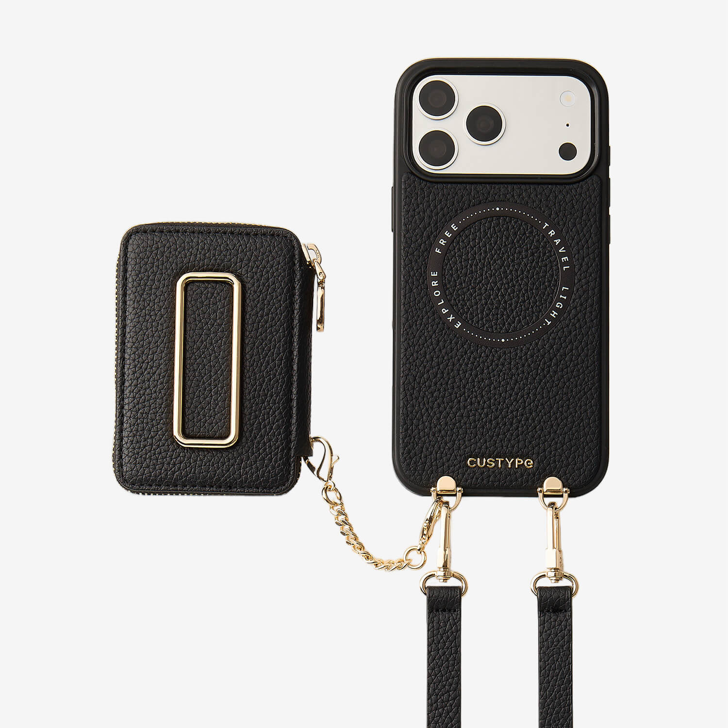 CUSTYPE iPhone15Pro ブラック　スマホケース　ショルダー Wallet Phone Case with Square Stand & Crossbody Strap - Custype