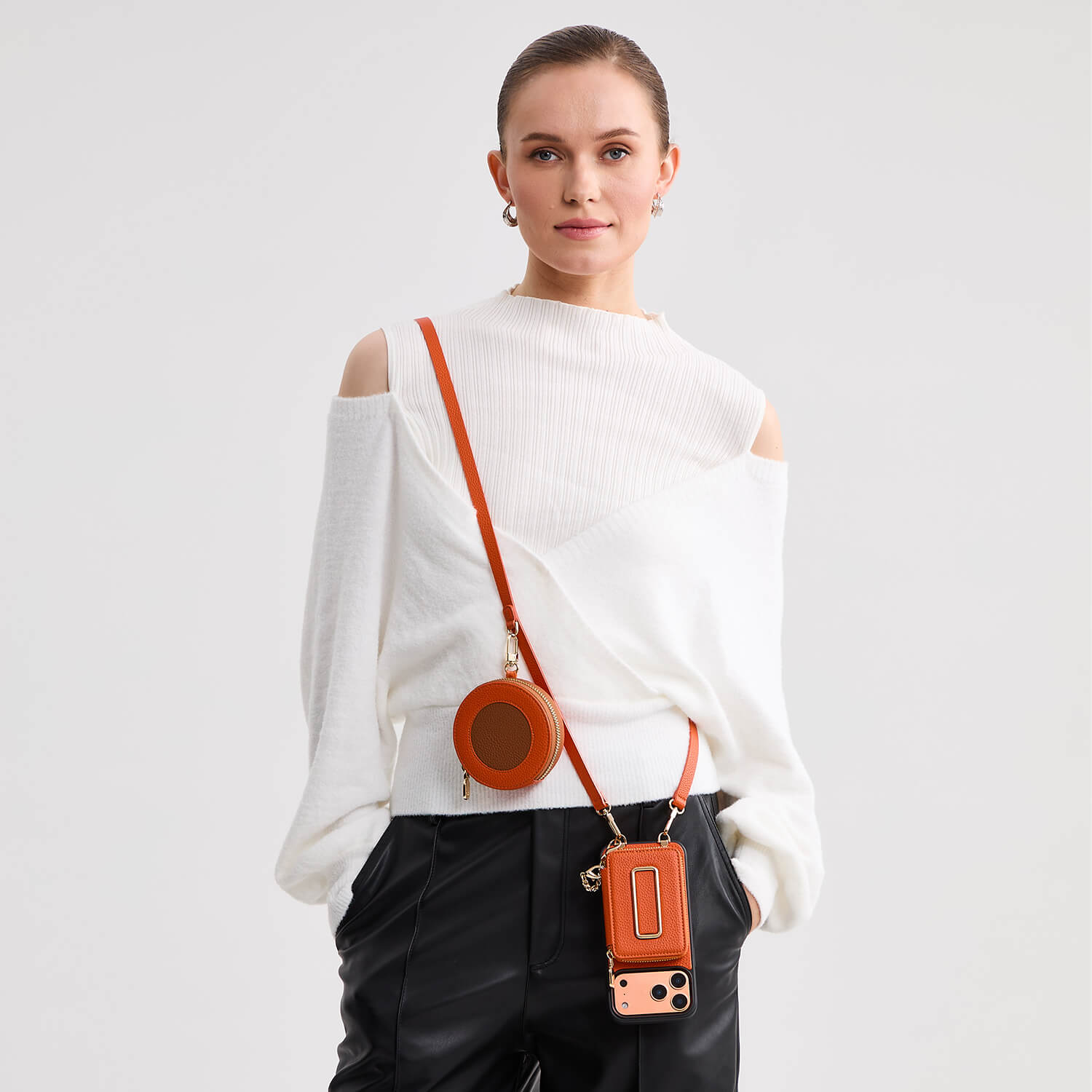 クロスボディ、リストストラップ、ミニポーチ付きウォレットフォン