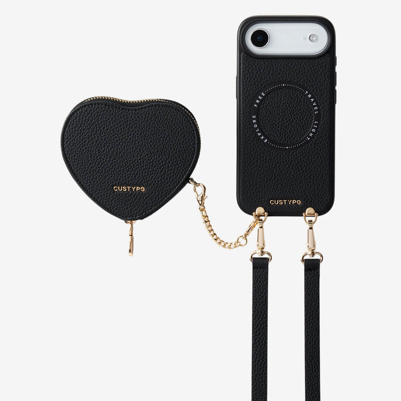 Black iPhone 17 Air case with heart-shaped pouch and detachable strap for daily carry