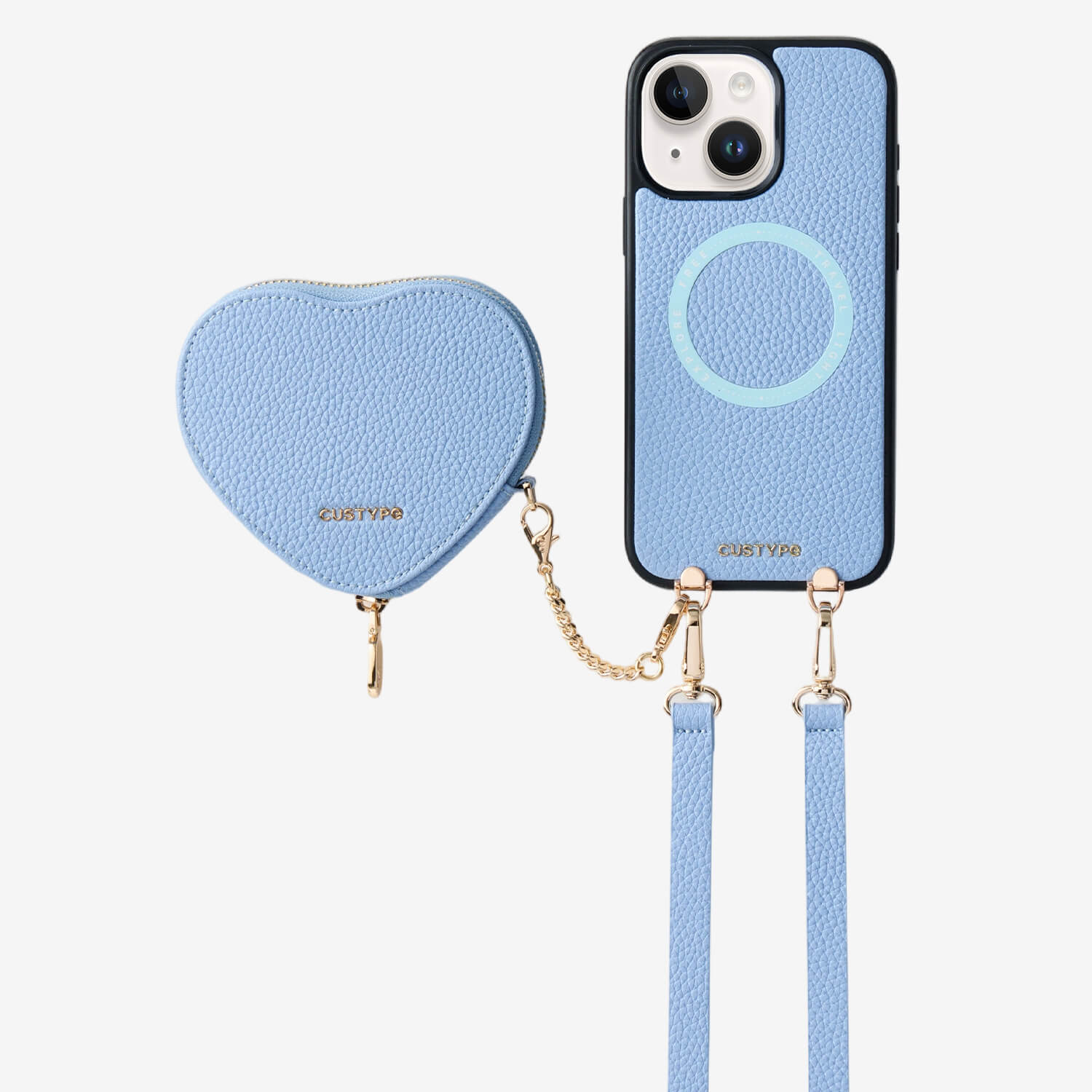 Heart Design Kit- Detachable Wireless Charging Crossbody Wallet Phone Case Pouch Set - iPhone 15 Plus