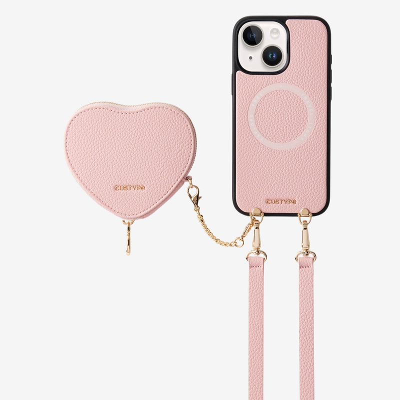 ハートデザインキット - 取り外し可能なワイヤレス充電クロスボディウォレット電話ケースポーチセット - iPhone 14