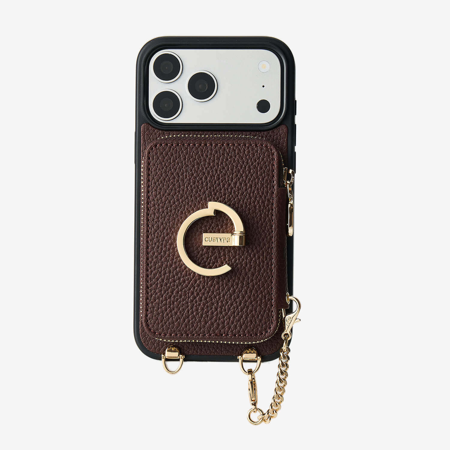 Brown stand phone case with gold chain for shopping