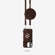 Aesthetic Brown iPhone 17 case with a detachableround pouch and card holder for travel