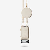 Beige iPhone 17 E crossbody phone case with round pouch and detachable wallet for daily carry